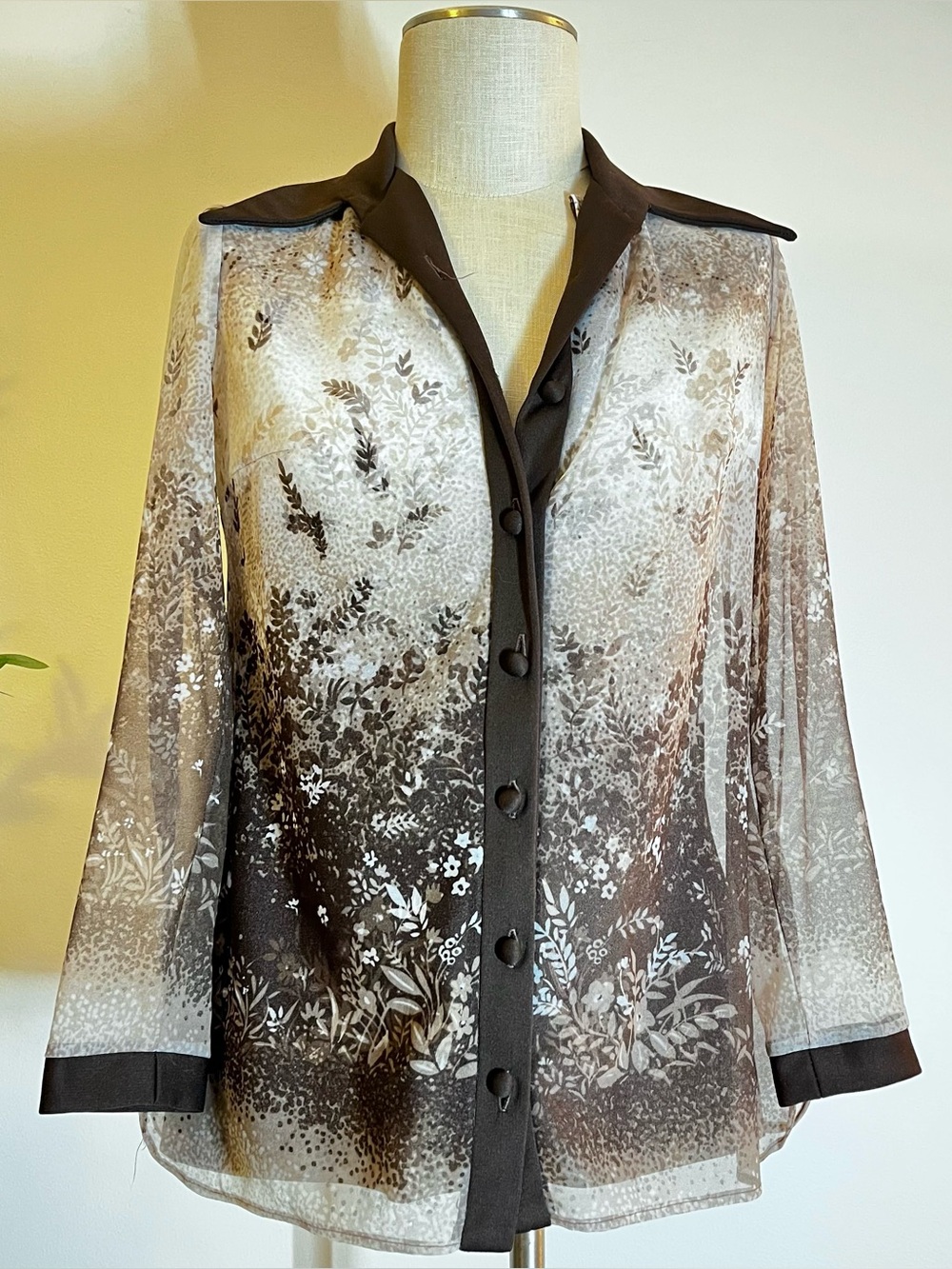 Vintage 70s Sheer Floral Button-Front Blouse and matching under Shirt Set